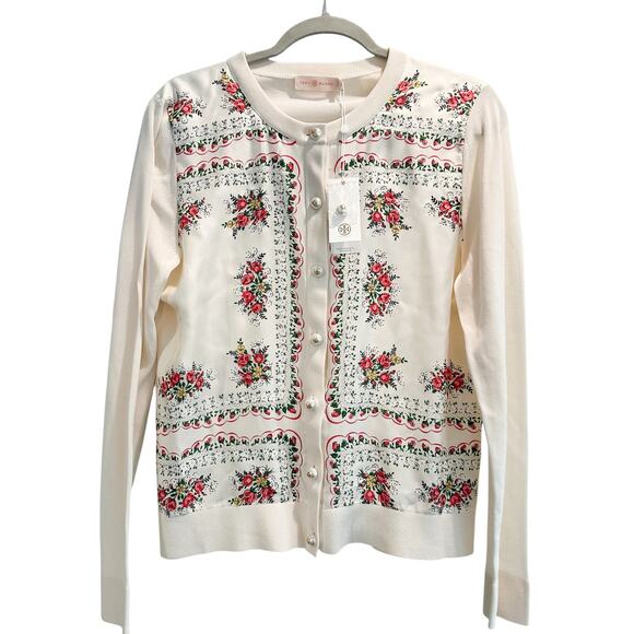 Tory Burch Cream Silk Garden Veil Printed Cardigan Medium - Picture 3 of 11
